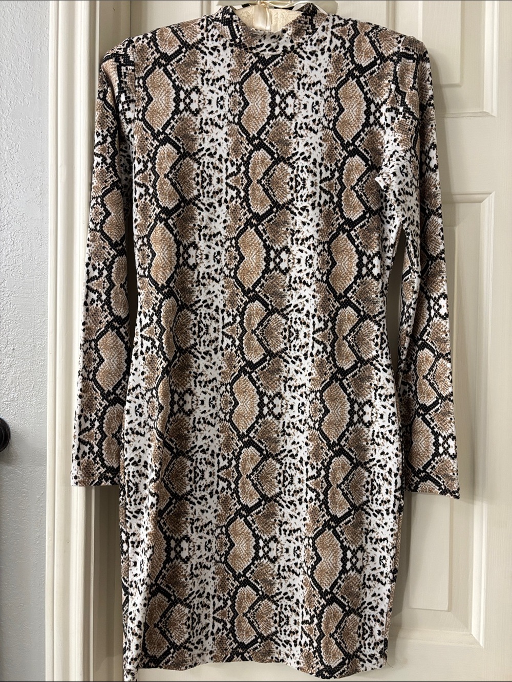 Long-Sleeve Snake Print Dress in Brown and Black